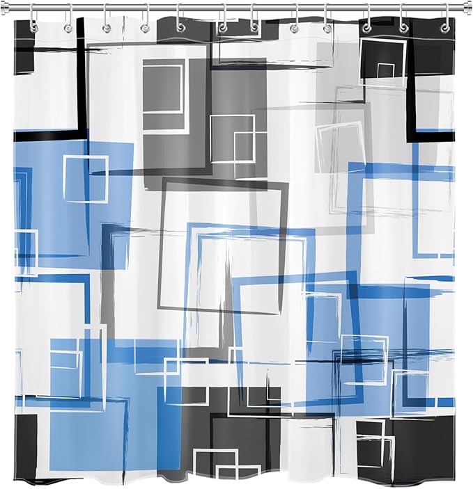 Blue Geometric Abstract Shower Curtain Sets with Rugs Blue and Gray Neutral Design Geometric Shower Curtains for Bathroom Grey Fashion Mid Century Modern Bathroom Decor, 70Lx70W inches