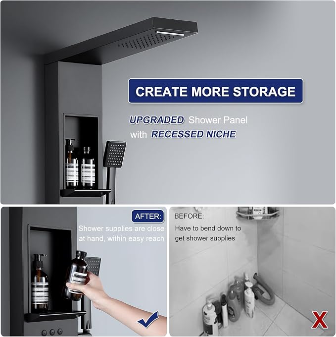 5 in 1 Rainfall Waterfall Shower Panel Tower with Shelf, Matte Black | Stainless Steel Shower Column with Powerful Body Jets, Flexible Handheld Shower and Tub Spout