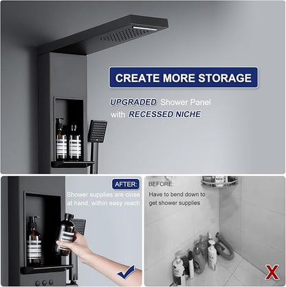5 in 1 Rainfall Waterfall Shower Panel Tower with Shelf, Matte Black | Stainless Steel Shower Column with Powerful Body Jets, Flexible Handheld Shower and Tub Spout