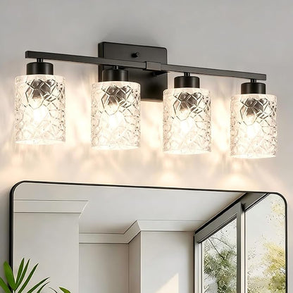4-Light Bathroom Light Fixtures, Black Vanity Lights Over Mirror | Wall Sconces with Clear Textured Glass Shades for Living Room Bedroom Hallway,E26 Base (Bulbs Not Included)