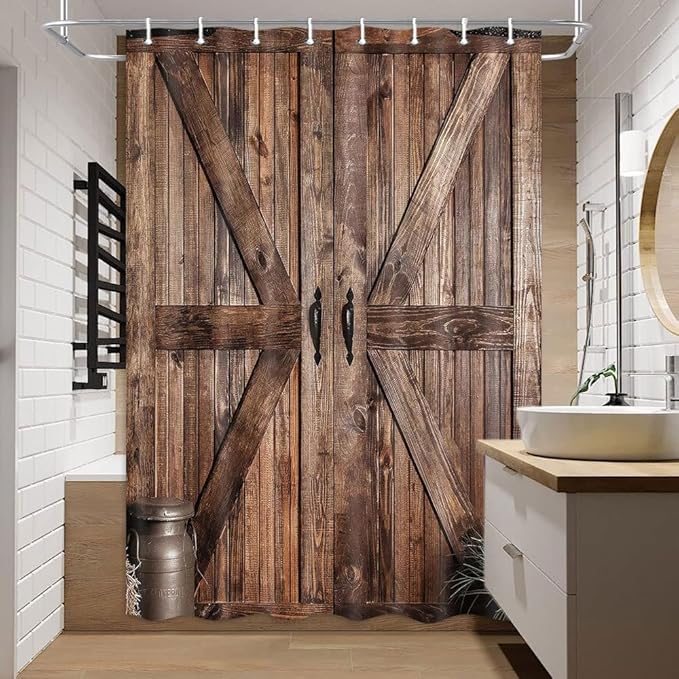 Rustic Barn Door Shower Curtain for Bathroom, Retro Countryside Wood Board Bathroom Decor Curtain Sets,Art Vintage Famhouse Western Bath Curtains RV Shower Curtains with Hooks,48X70IN