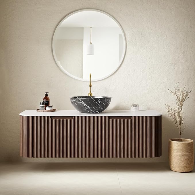 48" Floating Bathroom Vanity with Sink, Wall-Mount Cabinet with 2 Large Storage Drawer, Black Bowl Ceramic Basins and Marble Top, Soft-Close Design, Dark Walnut