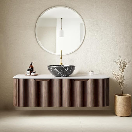 48" Floating Bathroom Vanity with Sink, Wall-Mount Cabinet with 2 Large Storage Drawer, Black Bowl Ceramic Basins and Marble Top, Soft-Close Design, Dark Walnut