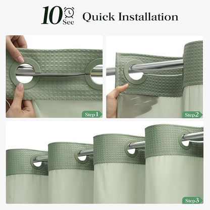Sage Green Hook Free Waffle Shower Curtain & Snap-in Liner,72x99 | Less Time to install, 3 in 1 Fabric Shower Curtain and Liner Set with Magnets, Extra Long, Shower Curtains for Bathroom