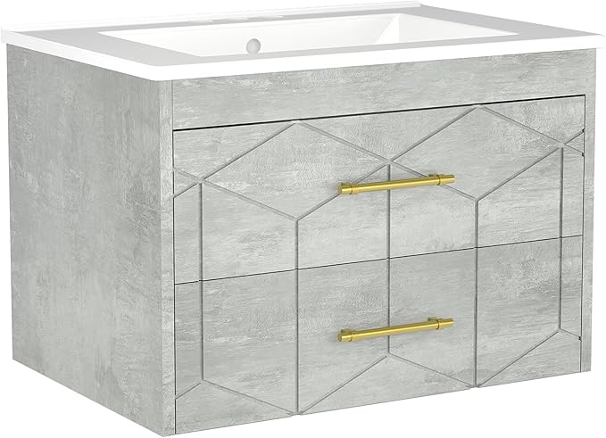 Garvee 24" Bathroom Vanity with Sink, Floating Bathroom Vanity with Ceramic Basin, 2 Large Storage Drawers with Gold Metal Handle, Modern Wall Mounted Bathroom Cabinet with Sink, Grey