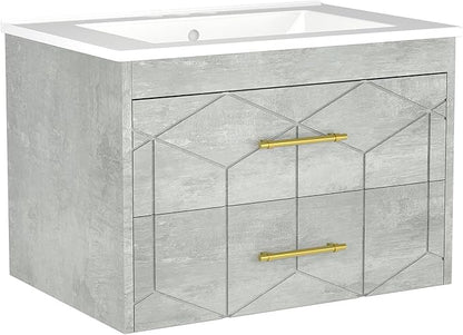 Garvee 24" Bathroom Vanity with Sink, Floating Bathroom Vanity with Ceramic Basin, 2 Large Storage Drawers with Gold Metal Handle, Modern Wall Mounted Bathroom Cabinet with Sink, Grey