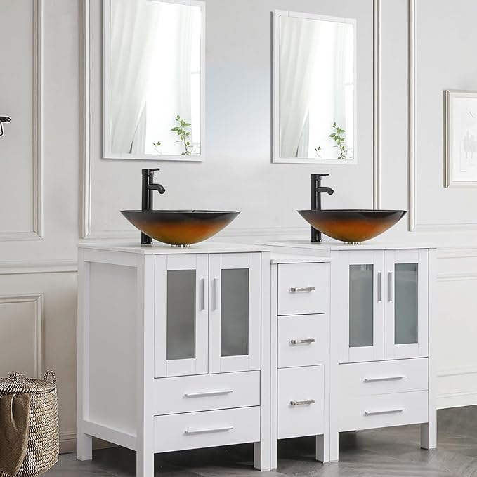 UEV 60" White Bathroom Vanity Set, Double Vanity with Double Vessel Sink Combo and Removable Side Cabinet, Mirror Not Included(T48)