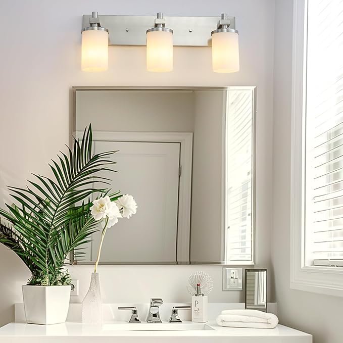 LOUSACE Bathroom Lighting Fixtures Over Mirror Brushed Nickel 3 Light Bathroom Vanity Lights with Opal White Glass Shades, Modern Vanity Wall Sconces Fixture for Bedroom Living Room