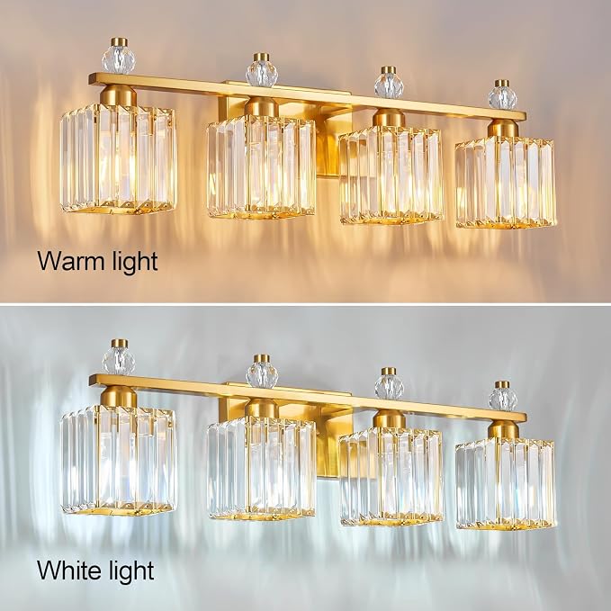 Vanity Lights 4-Light Modern Crystal Vanity Light Gold Bathroom Light Fixtures Over Mirror Crystal Bathroom Vanity Lighting Fixtures