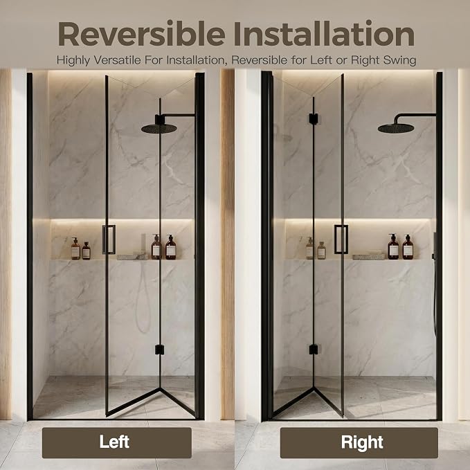 34-35.2" W x 72" H Frameless Bifold Pivot Swing Shower Door | 1/4" (6mm) Clear SGCC Tempered Glass with a space-saving folding Bathroom Door, Reversible Installation, Matte Black Finish