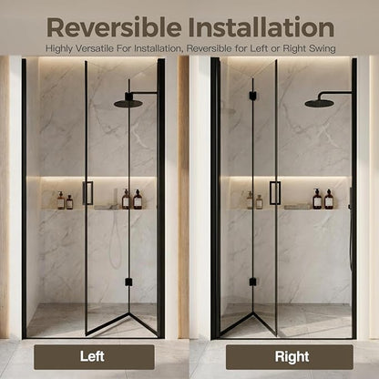 34-35.2" W x 72" H Frameless Bifold Pivot Swing Shower Door | 1/4" (6mm) Clear SGCC Tempered Glass with a space-saving folding Bathroom Door, Reversible Installation, Matte Black Finish