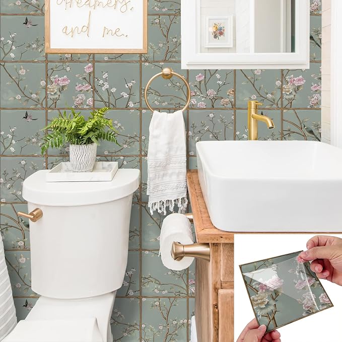 Alwayspon Vinyl Sticker Peel and Stick, Self-Adhesive Wall Tile Transfers Backsplash Sticker Decal for Kitchen Bathroom, 6x6inch/15x15cm 30Pcs, Green Floral T042