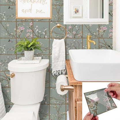 Alwayspon Vinyl Sticker Peel and Stick, Self-Adhesive Wall Tile Transfers Backsplash Sticker Decal for Kitchen Bathroom, 6x6inch/15x15cm 30Pcs, Green Floral T042