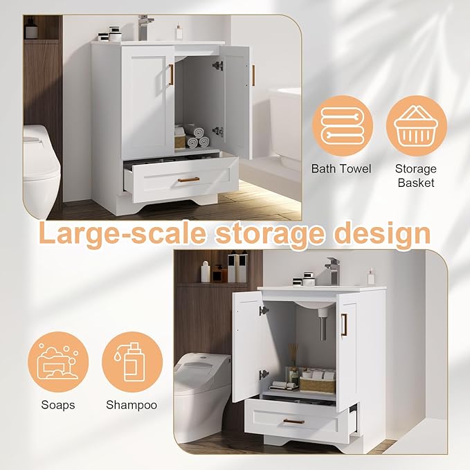 24 inch Bathroom Vanity with Sink, Modern White Vanity for Bathroom with Undermount Ceramic Sink, Freestanding 2-Door & 1-Drawer Storage Cabinet, for Small Bathroom Space, (White, 24")