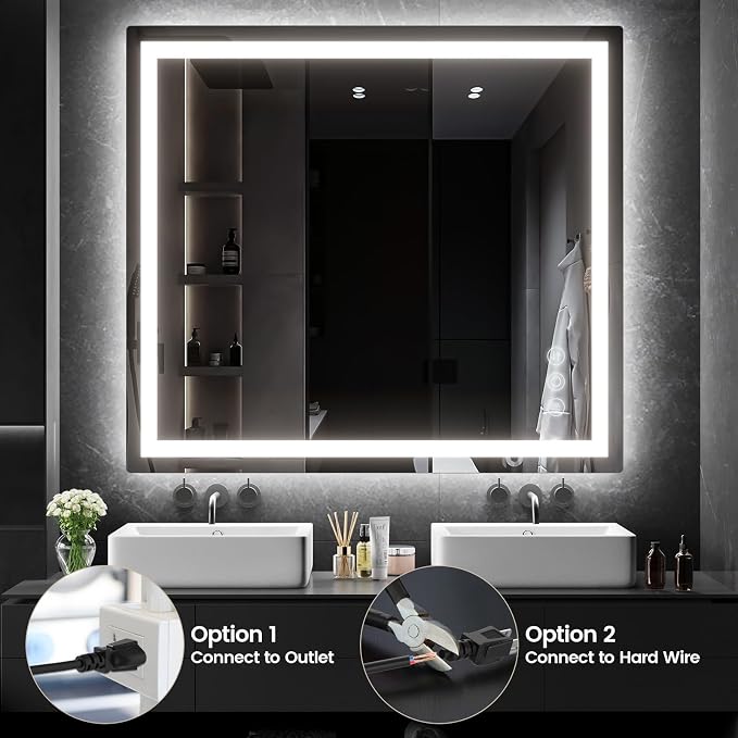36" x 40" LED Bathroom Mirror with Lights, Memory Vanity Mirror | Anti-Fog, 3 Color Modes, Dimmable, Front Lit, Memory Function, Tempered Glass, Lighted Bathroom Mirror for Wall