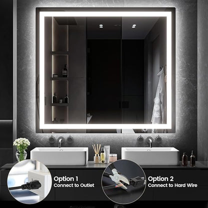 36" x 40" LED Bathroom Mirror with Lights, Memory Vanity Mirror | Anti-Fog, 3 Color Modes, Dimmable, Front Lit, Memory Function, Tempered Glass, Lighted Bathroom Mirror for Wall