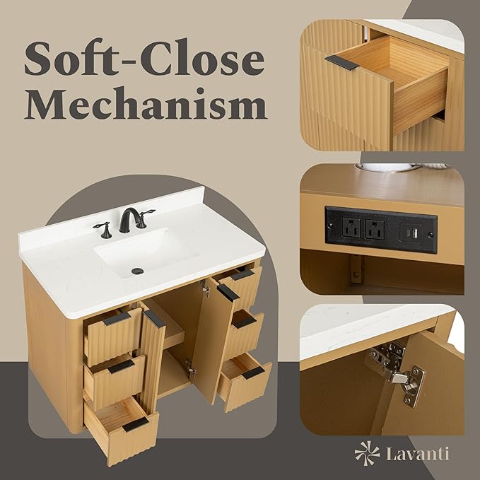 Lavanti Wooderna 42 Inch Bathroom Vanity with Sink – Stylish Firwood Oak Vanity Bathroom with Storage Cabinet – Modern Bathroom Vanities with Single Vanity Sink & Quartz Countertop