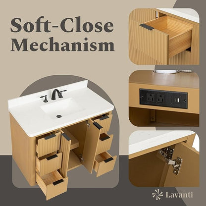 Lavanti Wooderna 42 Inch Bathroom Vanity with Sink – Stylish Firwood Oak Vanity Bathroom with Storage Cabinet – Modern Bathroom Vanities with Single Vanity Sink & Quartz Countertop