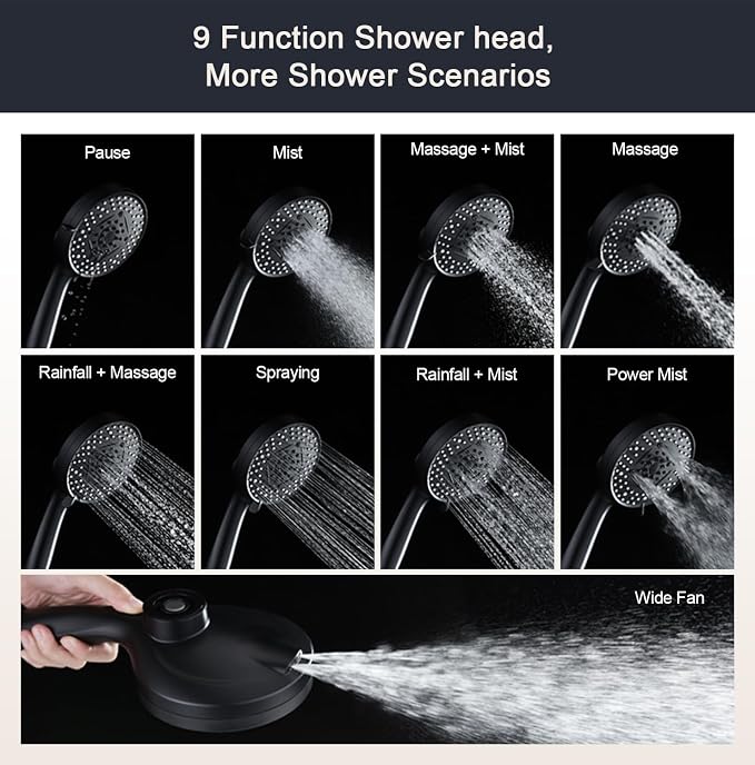 Black Filter Magnetic Shower Head with Handheld | High Pressure 9 setting Handheld Shower Head,Magnetic Bracket,59 Inches Stainless Steel Shower Hose,Filter Element