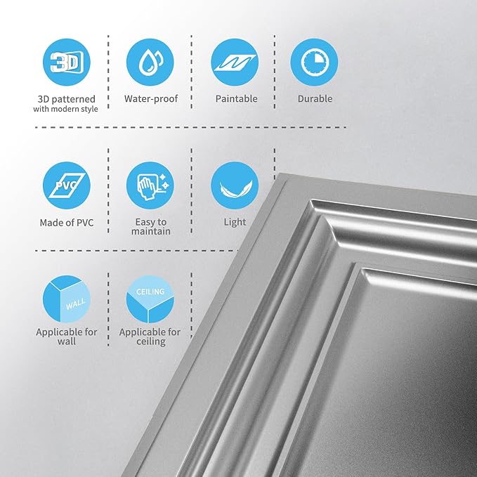 Art3d PVC Ceiling Tiles, 3D Plastic Sheet in White, 2 x 2 ft, 24-Pack | Lightweight, Waterproof, No Sag and Breakage, Compatible with Grid System, Perfect for Basement, Kitchen