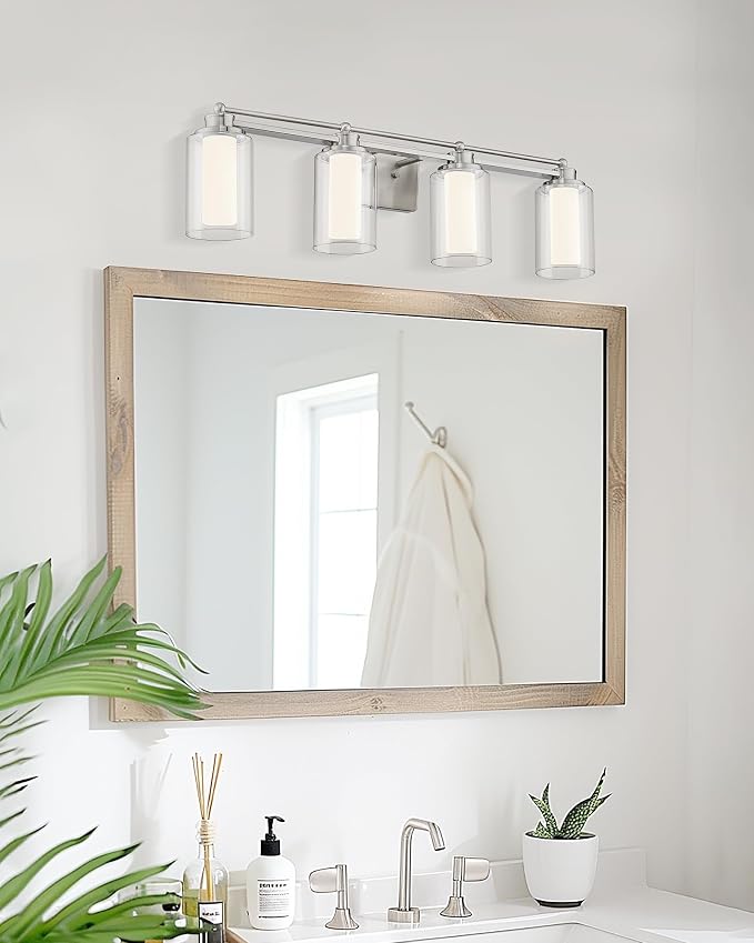 HWH Bathroom Vanity Light, Brushed Nickel, 4-Light, 5CCT, 5HLT63B-4W-LED BN | 4 Light Modern Bathroom Vanity Lights Over Mirror, Brushed Nickel Dimmable 24W LED, Dimmable Integrated LED Lighting