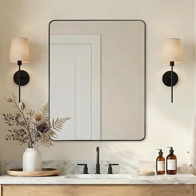 Black Bathroom Mirrors for Over Sink, 24x30 Inch Matte Black Mirror for Bathroom, Rectangle Metal Vanity Mirror for Wall-Modern Clean Design with Superior Stainless Steel Frame