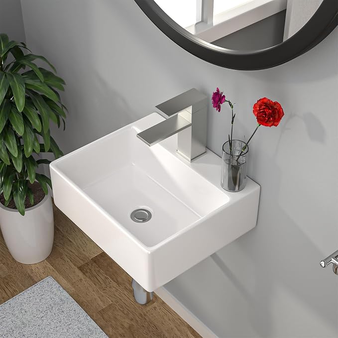 Wall Mount Hung Small Vessel Sink - Bathroom Corner Floating Sink Rectangle 13" x 11" Modern Bathroom White Porcelain Ceramic Vessel Vanity Sink with Faucet Hole