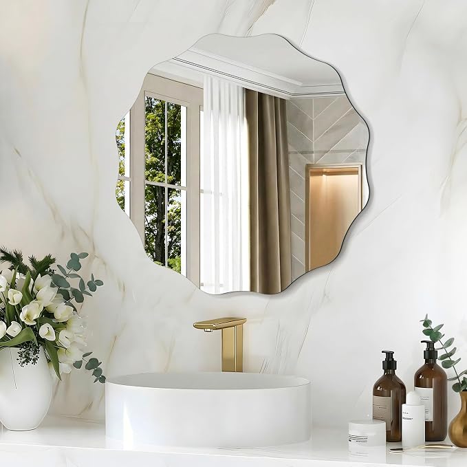 CILIBER Wavy Mirror for Wall, 18'' Scalloped Frameless Round Mirror, 3mm Tempered Glass Decorative Bathroom Vanity Mirror, Mounting/Leaning for Mantel, Living Room, Bedroom and Entryway