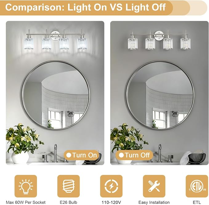 Brushed Nickel Bathroom Light Fixtures, Round, 4-Light | Vanity Lights with Crystal Shades, Modern Bathroom Lighting Fixtures over Mirror (Bulbs Not Included, E26)