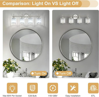 Brushed Nickel Bathroom Light Fixtures, Round, 4-Light | Vanity Lights with Crystal Shades, Modern Bathroom Lighting Fixtures over Mirror (Bulbs Not Included, E26)