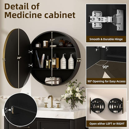 28 x 28 Inch Round Medicine Cabinet with Mirror,Gold Circular Bathroom Cabinet Wall Mounted,Metal Framed Mirror Medicine Cabinet with Adjustable Shelves for Bathroom Vanity