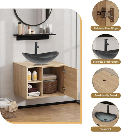 YOURLITE Bathroom Vanity, Black Clear Glass Sink, Wall-Mounted, 24" Floating Bathroom Cabinet with Mirror, Shelves & Faucet