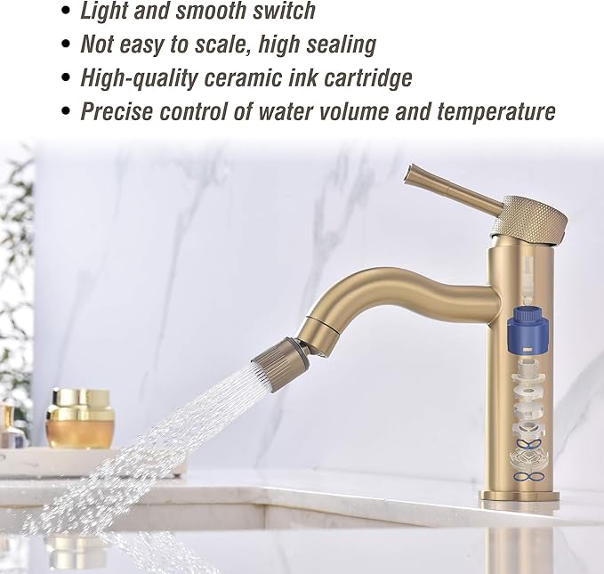 Brushed Gold Bathroom Faucet Single Handle,with Splash Faucet Sprayer Extender Faucets Aerator