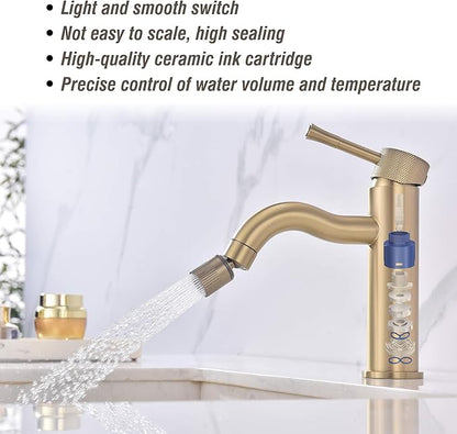 Brushed Gold Bathroom Faucet Single Handle,with Splash Faucet Sprayer Extender Faucets Aerator