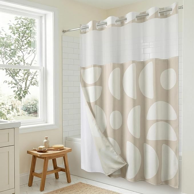 Americanflat 72x75 Hookless Shower Curtain - Water-Resistant Modern Shower Curtain with Sheer Panel, Snap-in Liner, and Durable Grommets - 100% Polyester - Warm Beige and Ivory