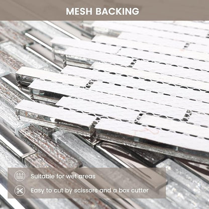 Glass Tiles Mosaic Backsplash Silver 12 Inch (5-Pack, 5 sq.ft.) | Brown Strip for Kitchen Bathroom and Shower Backsplash