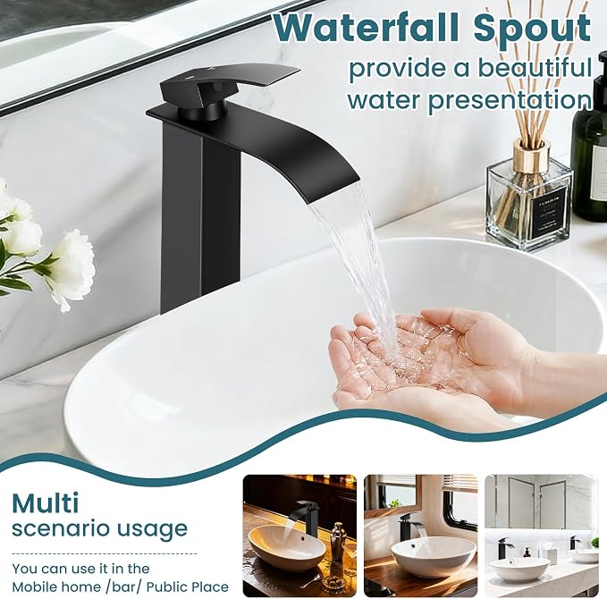 Black Waterfall Bathroom Faucet Single Handle Vessel Sink Faucet | Certified NSF cUPC DOE CEC SUS304 steel.waterfall spout,Bathroom Sink Fauce 1 hole,Pop-up Drain,Fits vanity,Bar sink