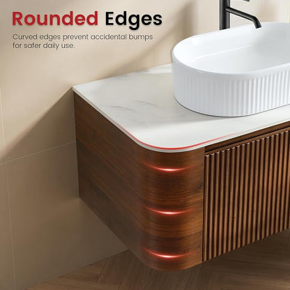 60" Floating Bathroom Vanity with Double White Sink, Walnut | Pre-Assembled Fluted Wall Mounted Vanity with Sintered Stone Countertop, Rounded Edges, Soft-Close Drawers & Towel Rack