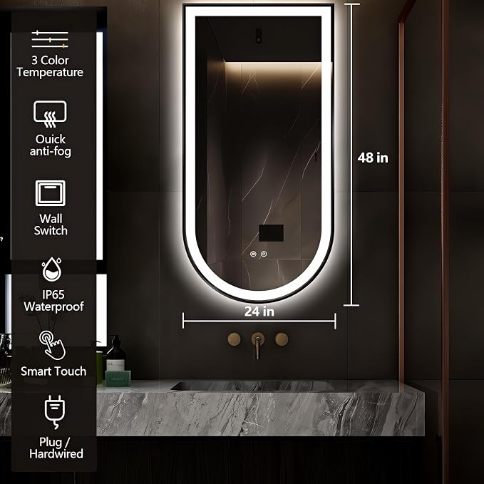 Arched LED Bathroom Mirror, 48"x24" Arch Backlit Vanity Mirror with Lights, Frontlit, Dimmable, 3 Colors, Memory Function, Anti-Fog Smart Mirror, Black Frame, Shatterproof, Vertical-Inverted