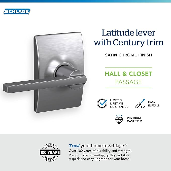Schlage F10 LAT 626 CEN Latitude Door Lever with Century Trim, Hall & Closet Passage Lock, Satin Chrome