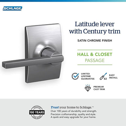 Schlage F10 LAT 626 CEN Latitude Door Lever with Century Trim, Hall & Closet Passage Lock, Satin Chrome