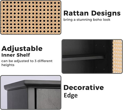 ZYBT Bathroom Medicine Cabinet Wall Mounted,Black Rattan Storage Towel Cabinet for Bathroom Storage Over The Toilet, Floating Hanging Cabinet for Small Spaces Kitchen Laundry Living Room