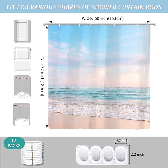 Ocean Beach Coastal Seaside Shower Curtain for Bathroom 60W*72H Inch Nautical Summer Seacoast Beachy Waves Bathtub Decor Seascape Nature Waterproof Polyester Fabric Set with 12 Hooks(10 Holes)