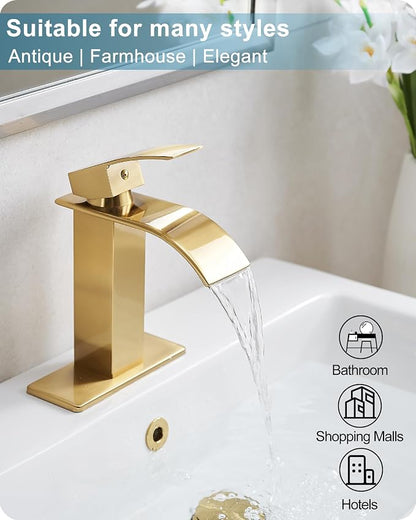 Gold Bathroom Faucet Waterfall, Brass Bathroom Faucets Single Hole or 3 Hole 4 Inch, Single Handle Bathroom Sink Faucet with Deck Plate & Drain