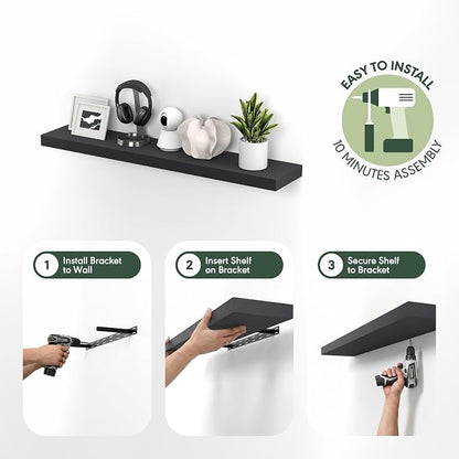 Furinno Tanna Floating Shelves for Wall, 9 x 47 Wall Shelf, Single Set Wall Mounted Floating Shelf with Invisible Bracket, 2-Inch Thick, for Bathroom, Living Room, Bedroom, Home Office, Americano