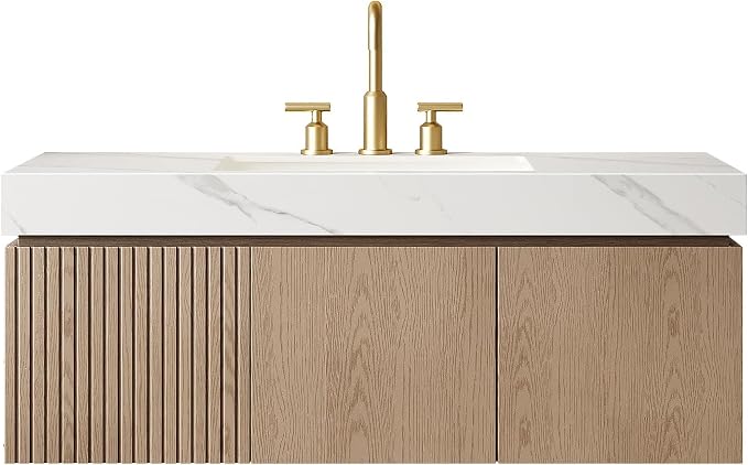 KEIKI 48 Inch Floating Bathroom Vanity with Sink, Light Brown & White | Modern Wall Mounted Storage Cabinet w/ Drawer & Door, Pre-assembled Wood Panels, Sintered Stone Top & Ceramic Basin Combo Set