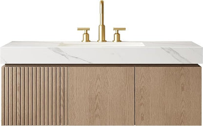 KEIKI 48 Inch Floating Bathroom Vanity with Sink, Light Brown & White | Modern Wall Mounted Storage Cabinet w/ Drawer & Door, Pre-assembled Wood Panels, Sintered Stone Top & Ceramic Basin Combo Set