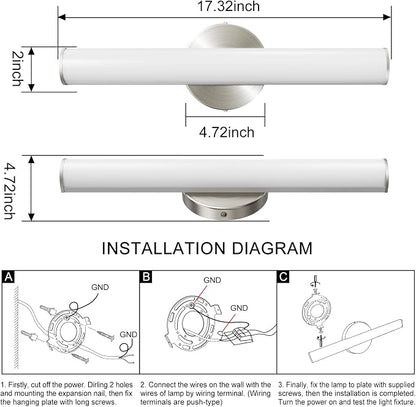 2 Pack LED Vanity Light Bar for Bathroom, Dimmable Bathroom Light Fixtures 17.3inch 12W 1200LM Over Mirror Lighting Fixture Wall Sconce Modern Vanity Lighting 4000K Brushed Nickel