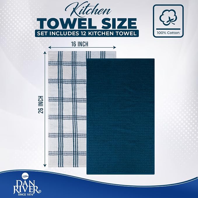 DAN RIVER Blue Opal Kitchen Towels,12 Pack,16x26 Inc Absorbent Dish Towels | 100% Cotton Absorbent Soft cotton kitchen towels for drying dishes, Quick Dry, Dish Towels for kitchen,Tea and Bar towels set