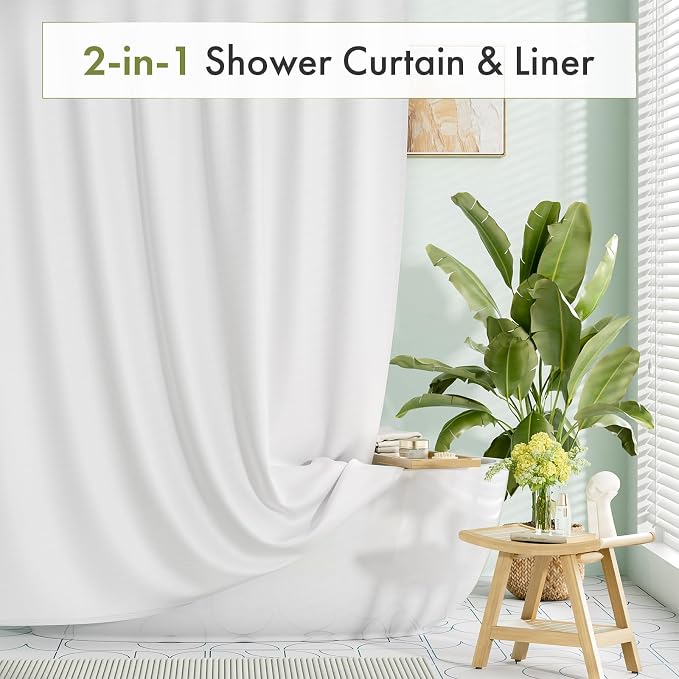 Extra Long Shower Curtain Liner Washable, 72 x 96 Inches, Fabric White Shower Liner with 2 Bottom Stones, Waterproof 2-in-1 Shower Curtain and Liner, 12 Grommet Holes, Hotel Quality, White